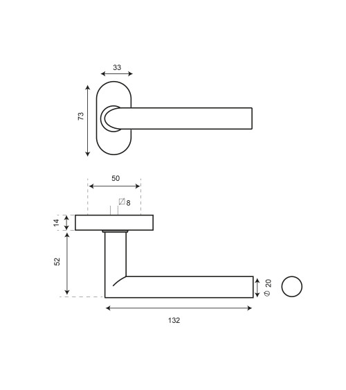 Reinforced door handle on narrow oval rose for aluminium joinery