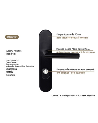 Altesse Handle in Black on Reinforced Plate with Cylinder Protector - For Securing Doors