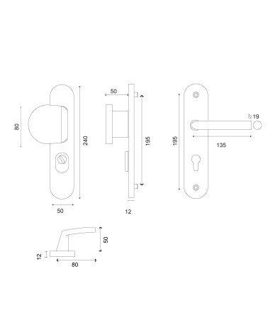 Drawing of Palière-Altesse Security Set in Stainless Steel Finish on Plate with Cylinder Protector EUROWALE