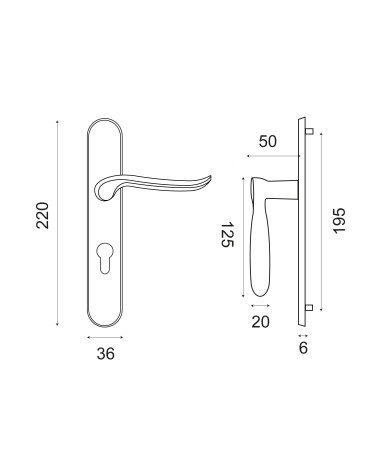 Drawing Orphée door handle with plate EUROWALE
