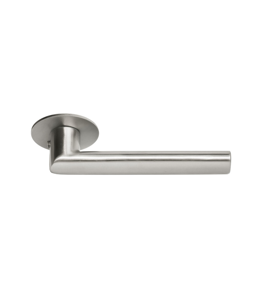 Reduced projection stainless steel door handle on slim rosette