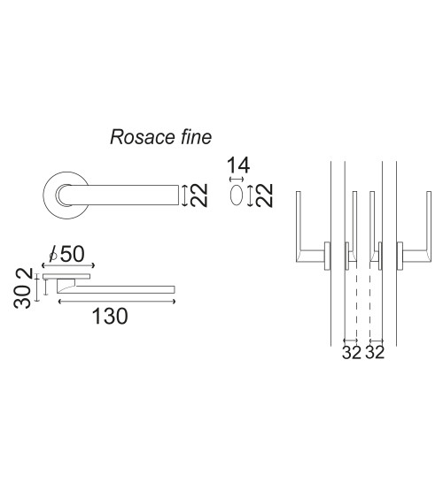 Reduced projection stainless steel door handle on slim rosette