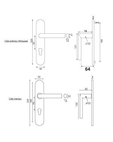Drawing Cérès raised stainless steel door handle pl 70 EUROWALE