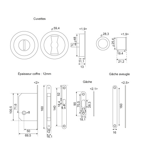 Bronze sliding kit round recesses privacy lock .EUROWALE