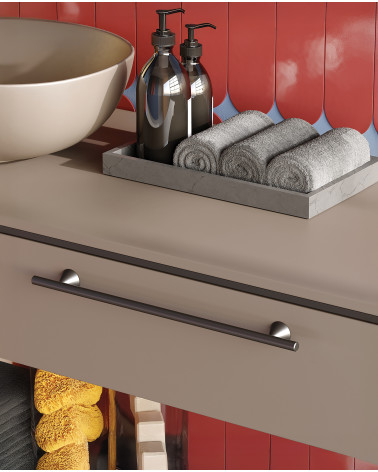 ROG designer furniture handle close-up view mounted on a bathroom cabinet