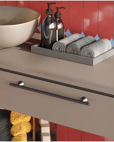 ROG designer furniture handle close-up view mounted on a bathroom cabinet