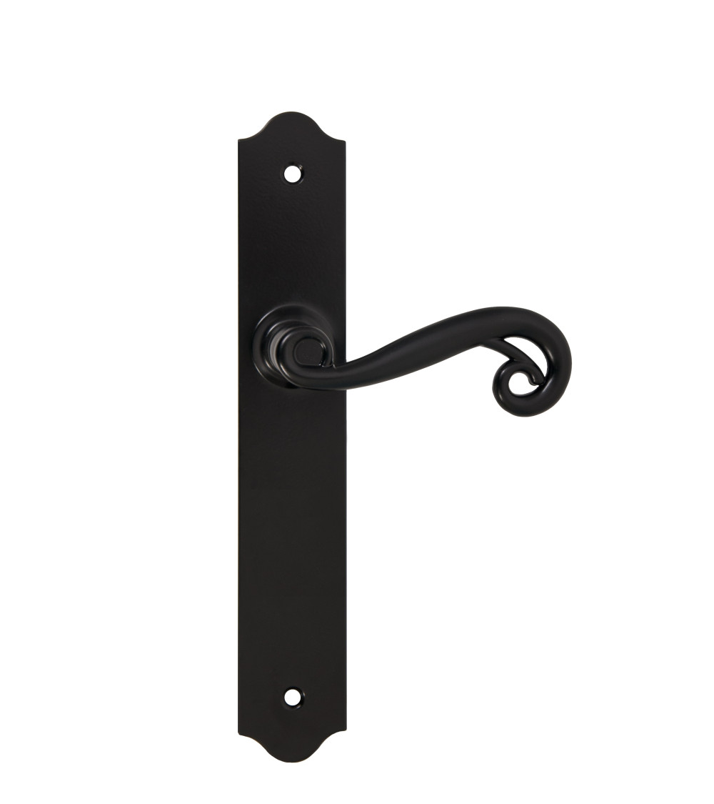 Retro matte black door handles on long backplates for doors, gates and garden gates – Charlotte Collection