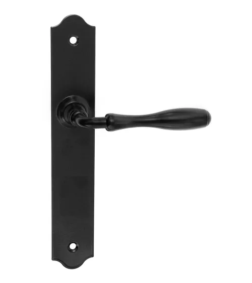 Matt black retro door handles on long backplates for doors, gates and pedestrian gates – Joséphine Collection