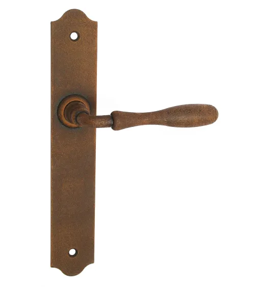 Retro rust-finish door handles on long backplates for doors, gates and pedestrian gates – Joséphine Collection