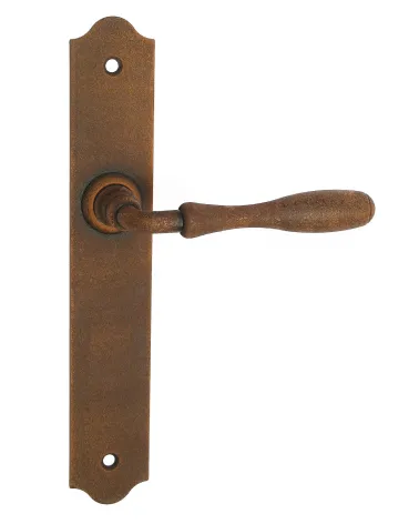 Retro rust-finish door handles on long backplates for doors, gates and pedestrian gates – Joséphine Collection