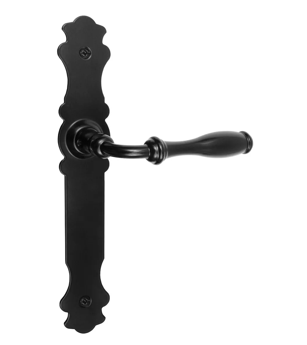 Retro matt black door handles on long plates for doors, gates and wicket gates – Marguerite Collection