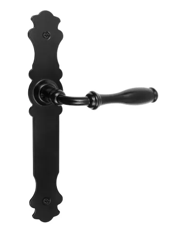 Retro matt black door handles on long plates for doors, gates and wicket gates – Marguerite Collection