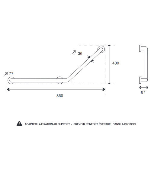 White angled bath support bar - designer handle