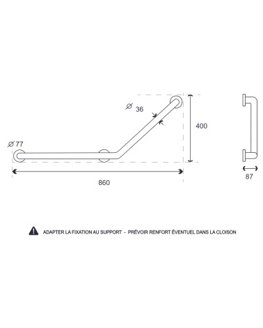 White angled grab bar in stainless steel and antibacterial nylon – 3 fixings