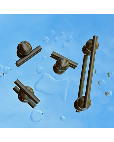 Brass furniture knob model 04 design handle top view on a blue surface with water droplets
