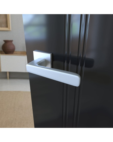 PARMA satin chrome door handle design handle close-up view mounted on a door