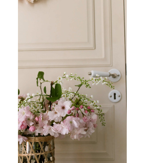 Barrel door handle on white porcelain rose - nickel finish - designer handle
