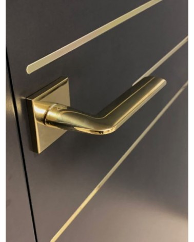 Gold STINGER door handle designer handle angled top view mounted on a door