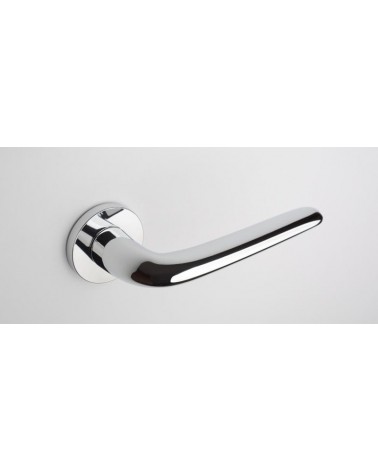 Polished chrome AZALIA door handle design angled top view mounted on a door