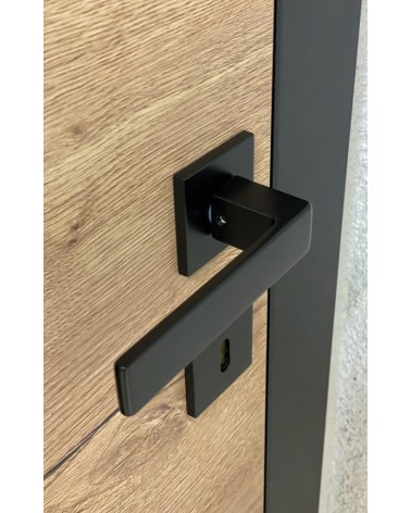 Black Apollo door handle design angled top view mounted on a door