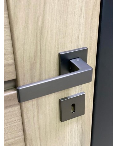 Titanium Apollo door handle design angled top view mounted on a door