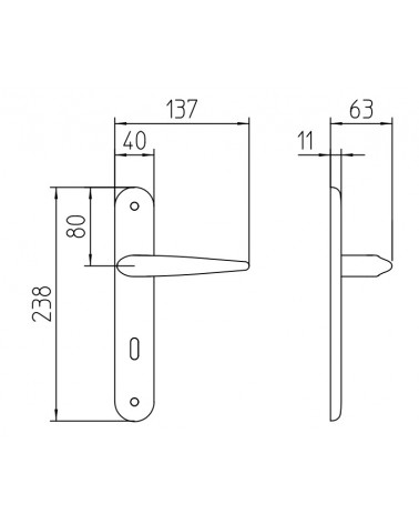 Mandelli Zoe door handle on long plate with dimensions