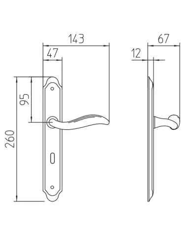 Door handles on backplate Mandelli Plisse with dimensions