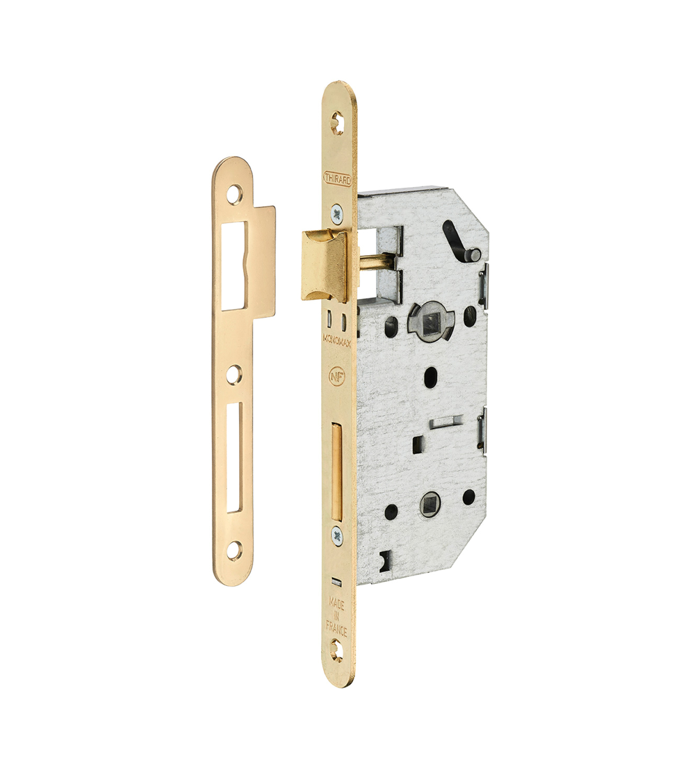 Thirard MONOMAX NF design mortice lock brass-plated steel faceplate, 40mm backset, 70mm centres, for WC or bathroom - designer h
