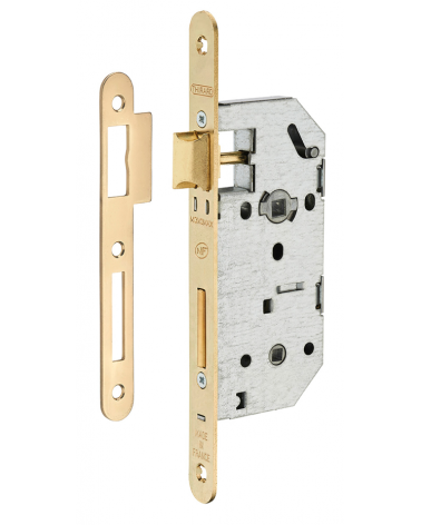 Thirard MONOMAX NF design mortice lock brass-plated steel faceplate, 40mm backset, 70mm centres, for WC or bathroom - designer h