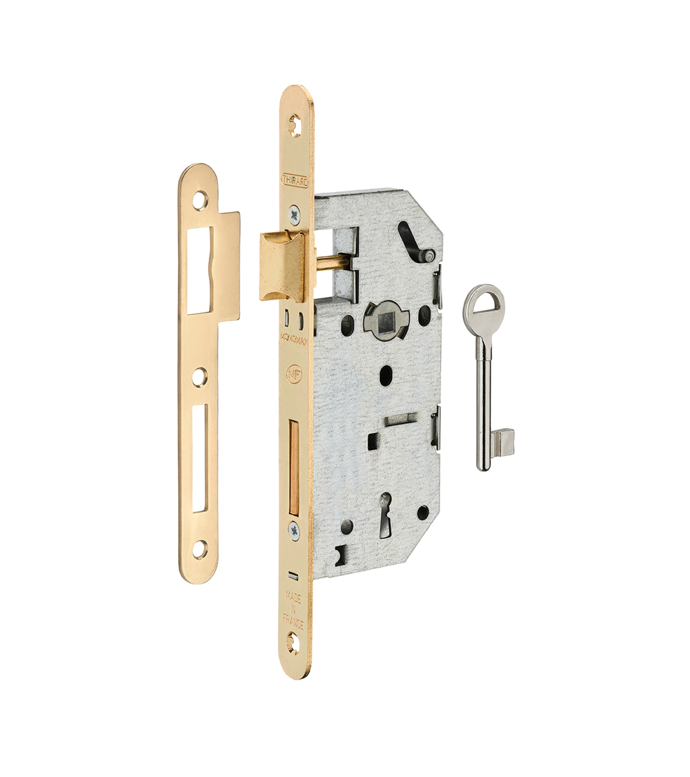 Thirard MONOMAX NF design mortice lock brass-plated steel faceplate, 40mm backset, 70mm centres, for bedroom - designer handle