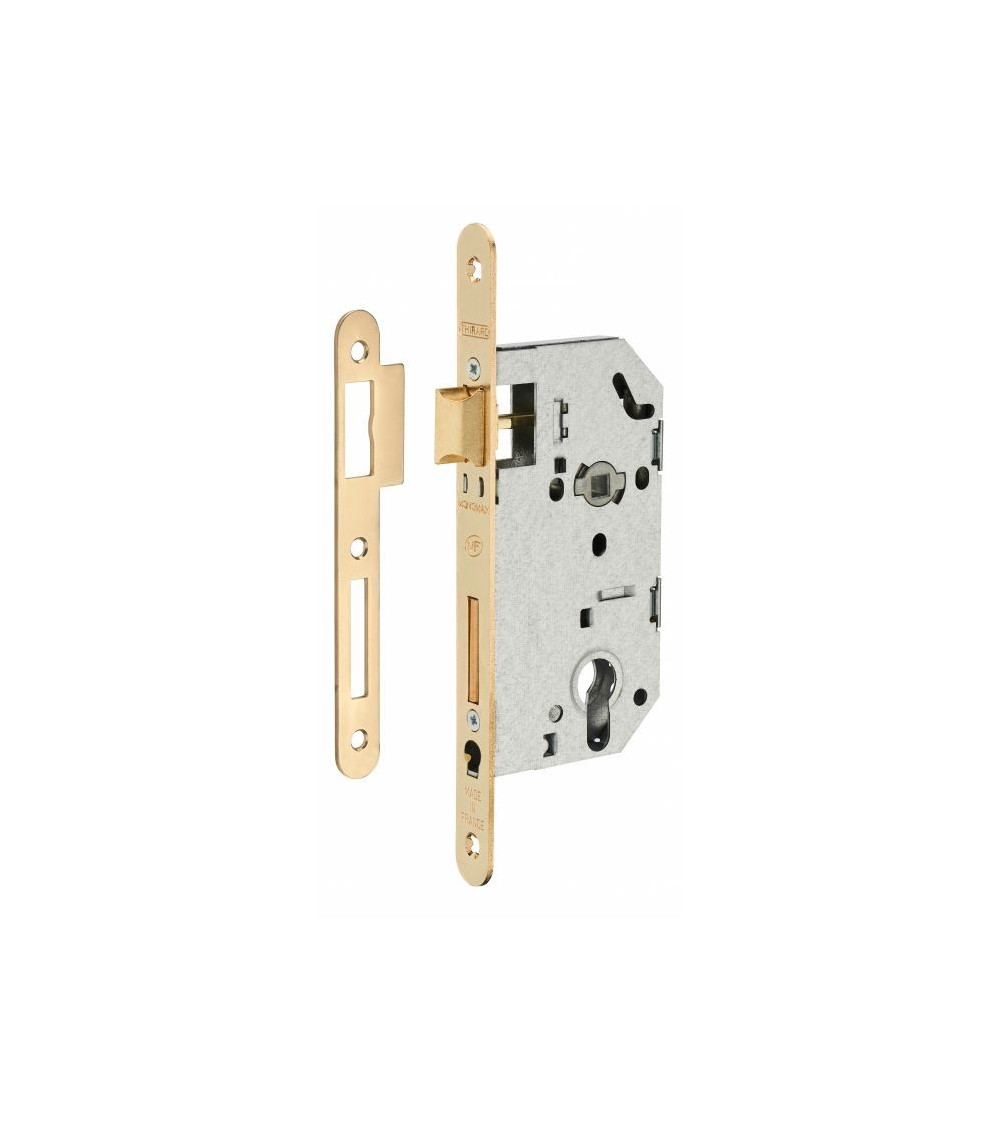 Thirard MONOMAX NF design mortice lock brass-plated steel faceplate, 50mm backset, 70mm centres, cylinder key - design handle