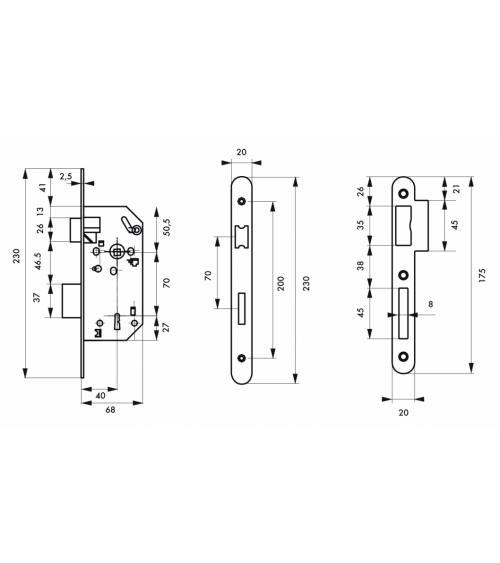 Thirard MONOMAX NF design mortice lock brass-plated steel faceplate, 40mm backset, 70mm centres, for bedroom - designer handle