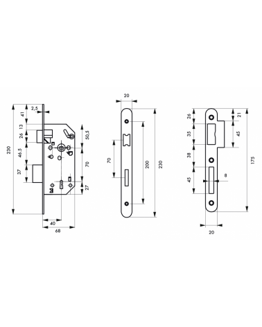 Thirard MONOMAX NF design mortice lock brass-plated steel forend, 40mm follower, 70mm centres, for bedroom - design handle