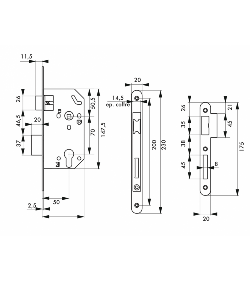 Thirard MONOMAX NF design mortice lock brass-plated steel faceplate, 50mm backset, 70mm centres, cylinder key - design handle