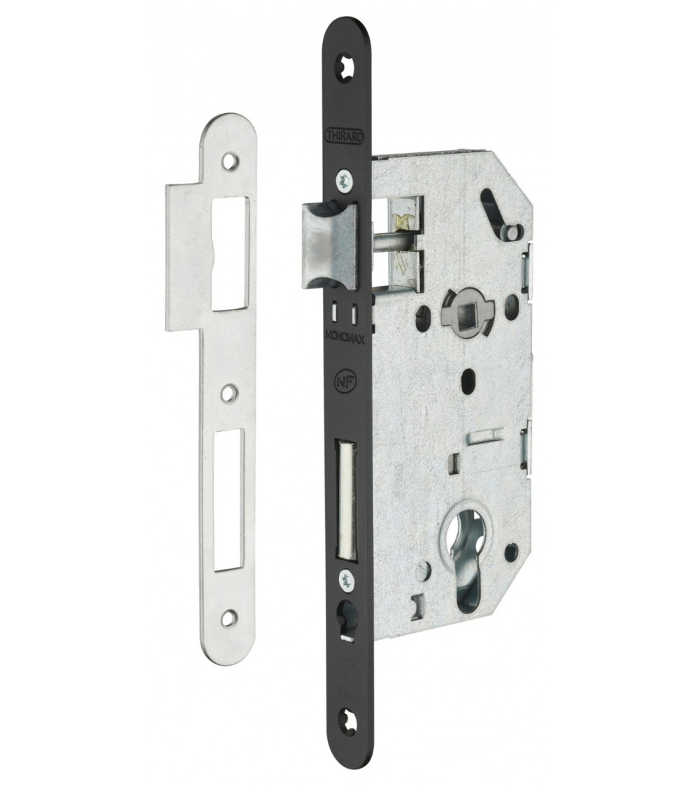 Design mortice lock Thirard MONOMAX NF black steel faceplate, 50mm axis, 70mm centres, cylinder key - design handle
