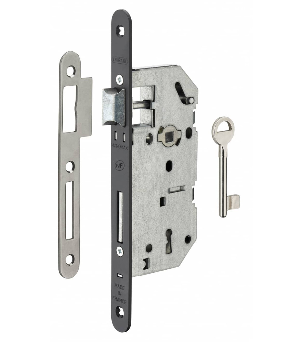 Design mortice lock Thirard MONOMAX NF black steel faceplate, 40mm axis, 70mm centres, for bedroom - design handle