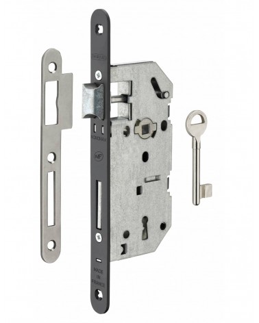 Design mortice lock Thirard MONOMAX NF black steel faceplate, 40mm axis, 70mm centres, for bedroom - design handle