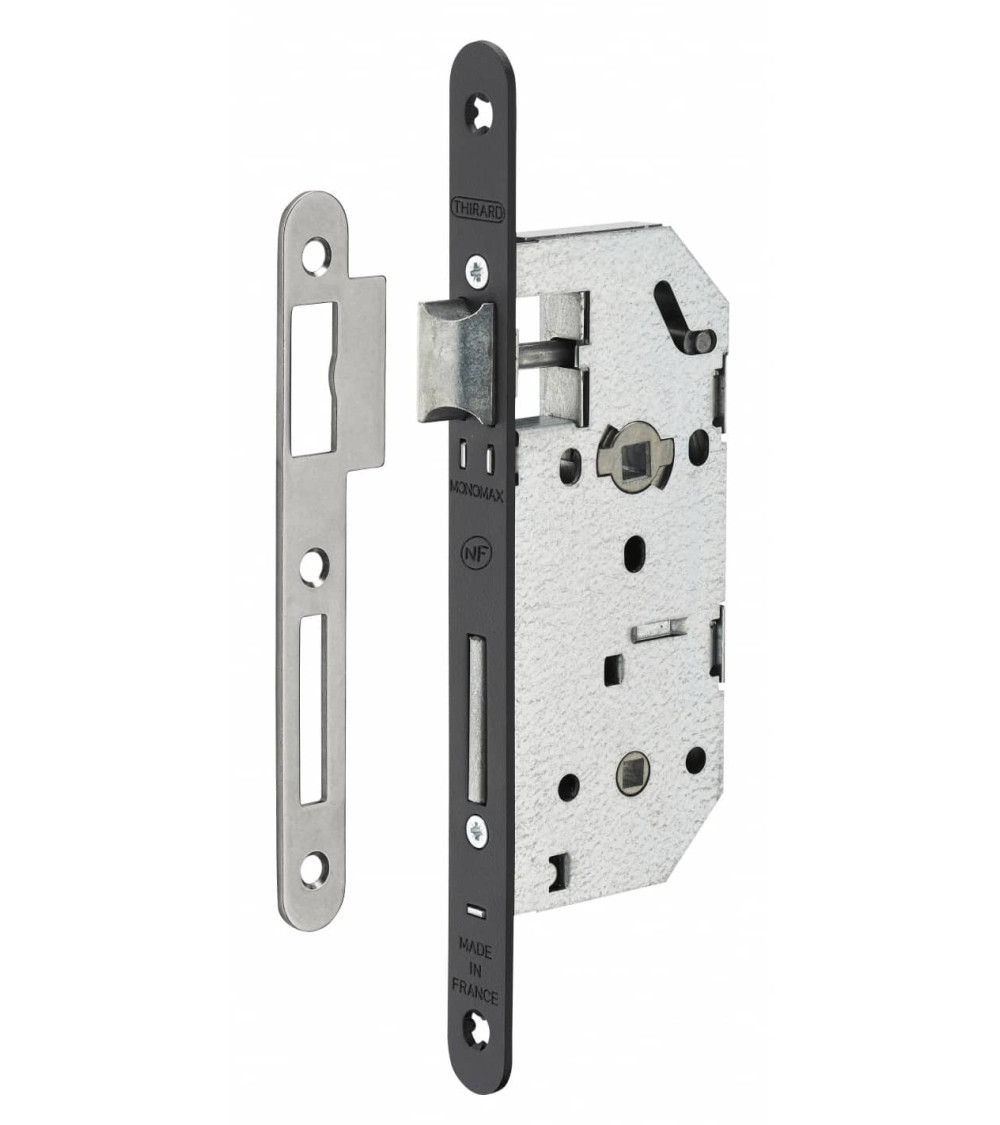 Design mortice lock Thirard MONOMAX NF black steel faceplate, 40mm axis, 70mm centres, for WC or bathroom - design handle