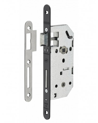 Design mortice lock Thirard MONOMAX NF black steel faceplate, 40mm axis, 70mm centres, for WC or bathroom - design handle