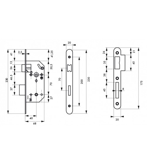 Design mortice lock Thirard MONOMAX NF black steel faceplate, 40mm axis, 70mm centres, for WC or bathroom - design handle