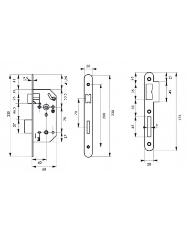 Design mortice lock Thirard MONOMAX NF black steel faceplate, 40mm axis, 70mm centres, for WC or bathroom - design handle