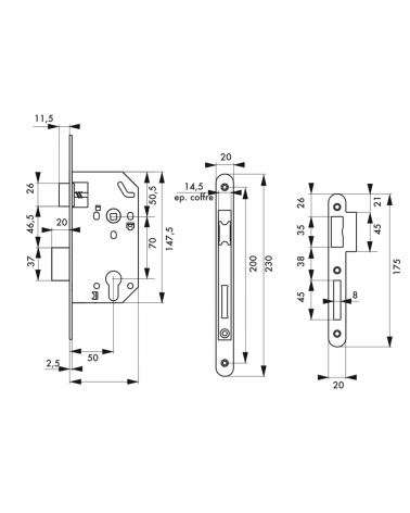 Design mortice lock Thirard MONOMAX NF black steel faceplate, 50mm axis, 70mm centres, cylinder key - design handle