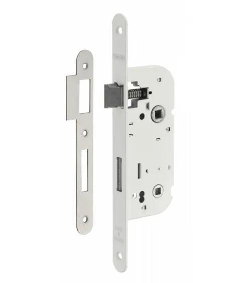 White mortice lock Thirard NF white steel faceplate, 40mm axis, 70mm centres, for WC or bathroom - design handle