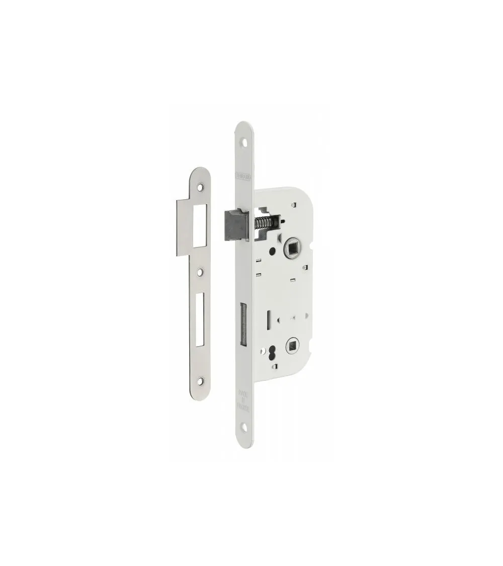 White mortice lock Thirard NF white steel faceplate, 40mm axis, 70mm centres, for WC or bathroom - design handle