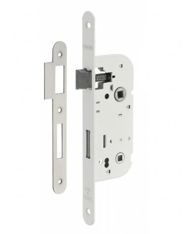 White mortice lock Thirard NF white steel faceplate, 40mm axis, 70mm centres, for WC or bathroom - design handle