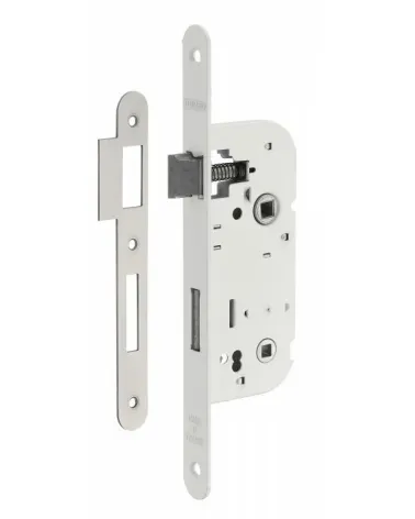 White mortice lock Thirard NF white steel faceplate, 40mm axis, 70mm centres, for WC or bathroom - design handle