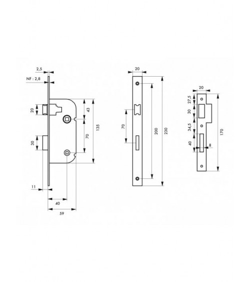 White mortice lock Thirard NF white steel faceplate, 40mm axis, 70mm centres, for WC or bathroom - design handle