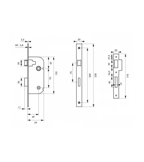 White mortice lock Thirard NF white steel faceplate, 40mm axis, 70mm centres, for WC or bathroom - design handle