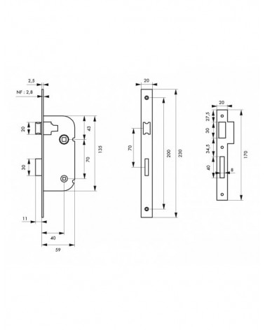 White mortice lock Thirard NF white steel faceplate, 40mm axis, 70mm centres, for WC or bathroom - design handle