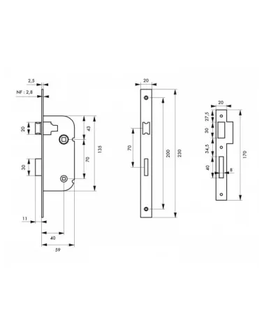 White mortice lock Thirard NF white steel faceplate, 40mm axis, 70mm centres, for WC or bathroom - design handle